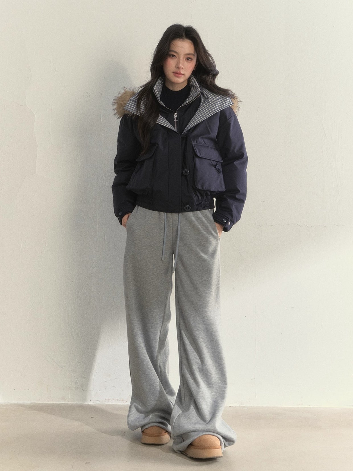 Glacier Blue &amp; Navy Plaid Panel Down Jacket