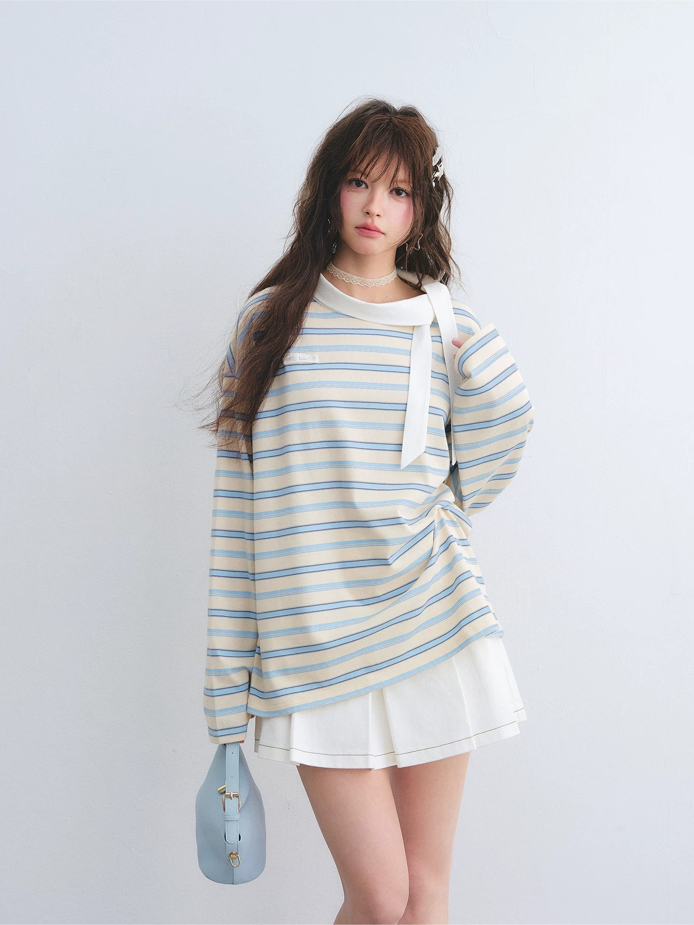 Contrast Tie Collar Striped Relaxed Long Sleeve T-Shirt