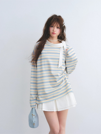 Contrast Tie Collar Striped Relaxed Long Sleeve T-Shirt