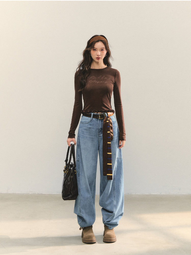 Ruffle Hem and Printed Splicing Cropped T-Shirts - CHINASQUAD