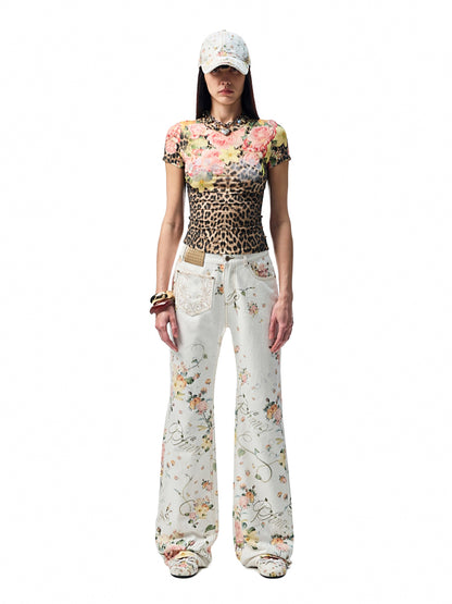 Floral Print Canvas Straight-leg Trousers