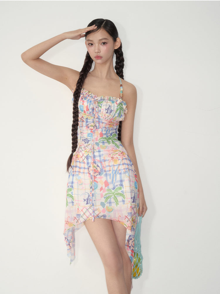 Elastic Mesh Printed Beaded Dress