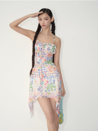 Elastic Mesh Printed Beaded Dress