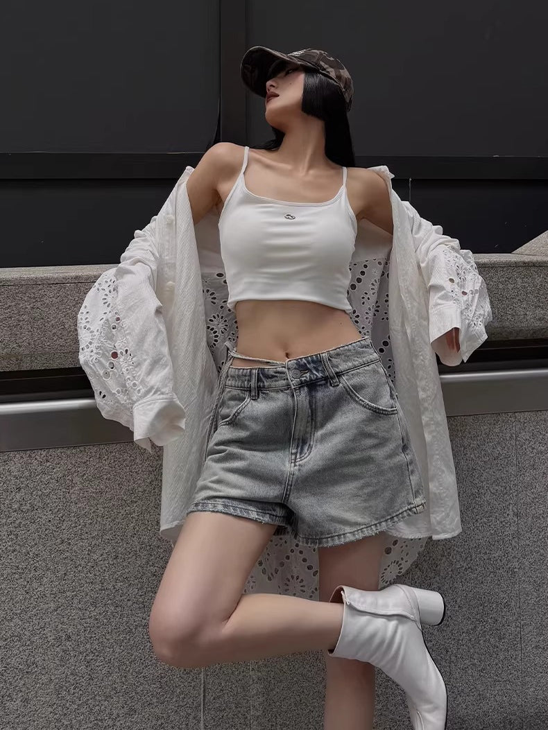 Tie-Waist Raw-Edge Vintage Denim Shorts