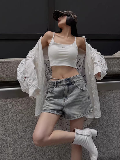 Tie-Waist Raw-Edge Vintage Denim Shorts