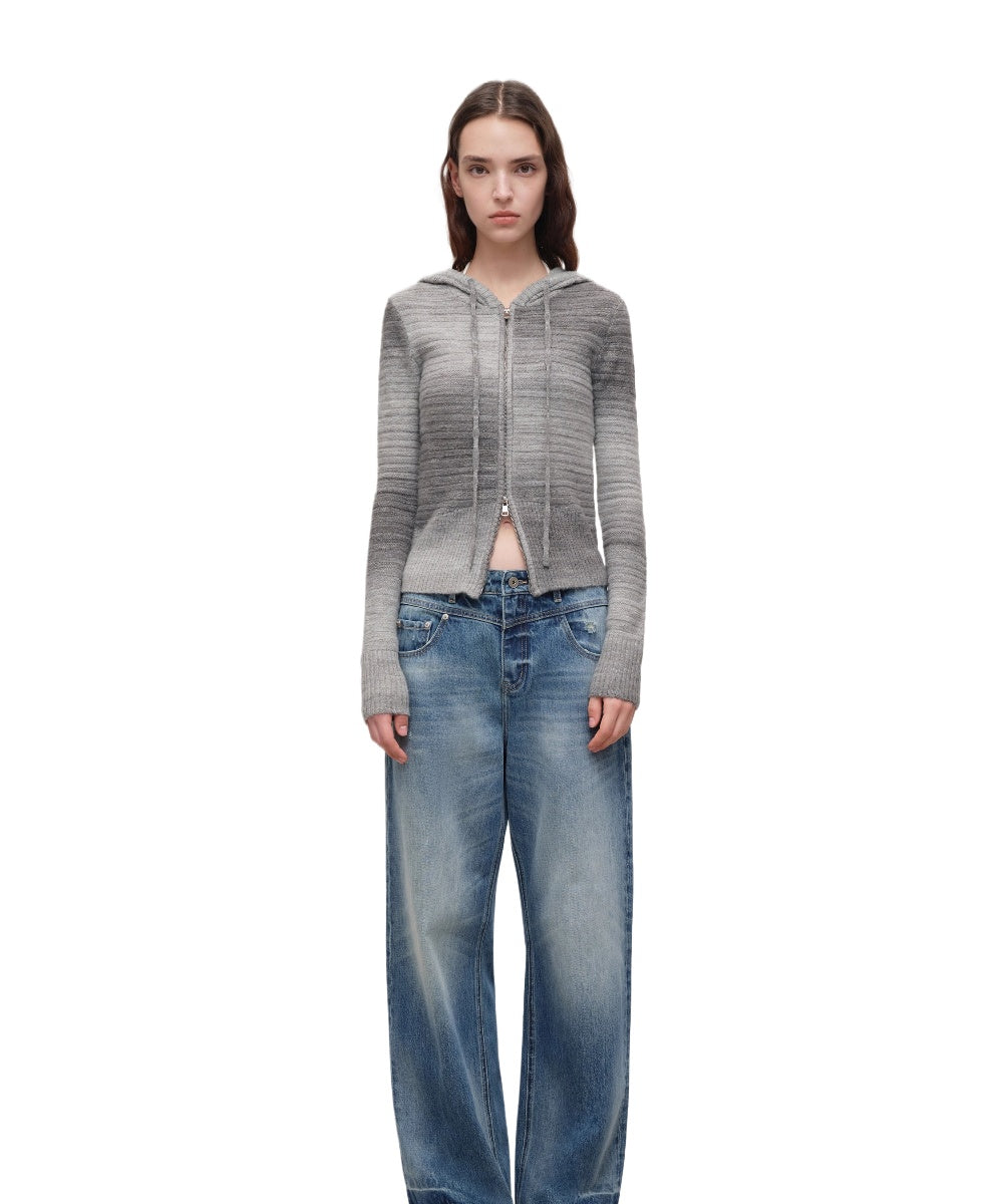 Ombre Wool Blend Double-Zip Hooded Cardigan