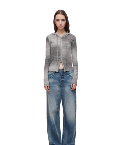 Ombre Wool Blend Double-Zip Hooded Cardigan