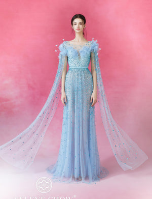 Ethereal Blue Crystal Embellished Cape Gown