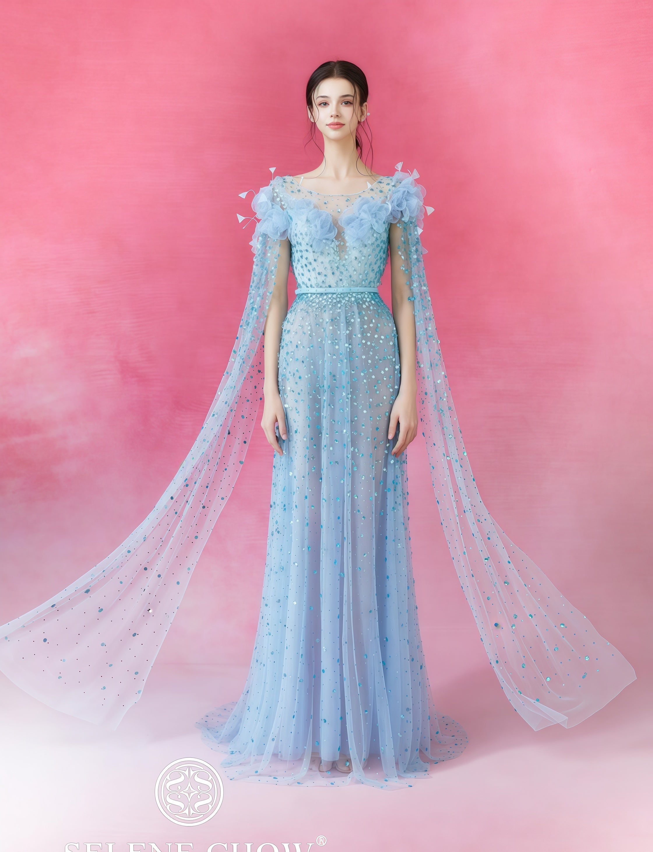 Ethereal Blue Crystal Embellished Cape Gown