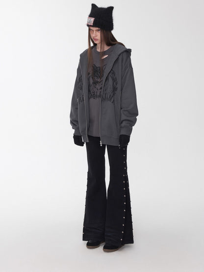 Studded Cat-Whisker Flared Denim Pants