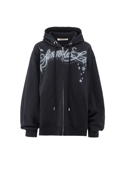 Spray-painted Letter Print Loose Zip-up Hoodie