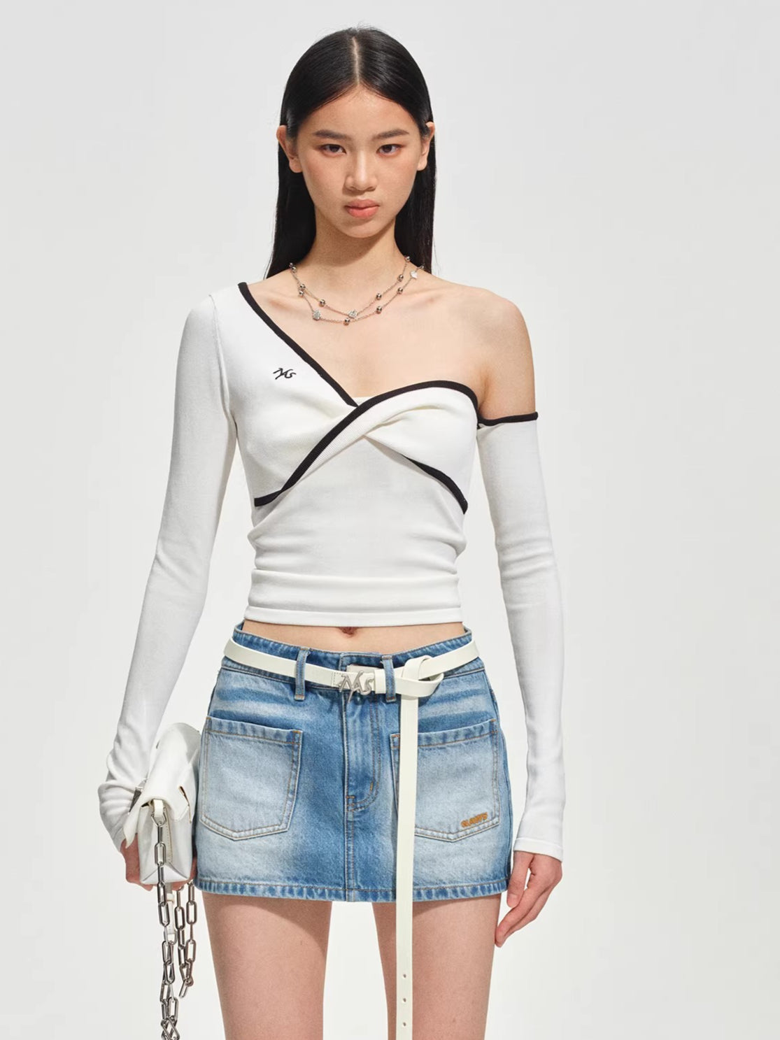 Sculpted Twist Asymmetric Off-Shoulder Knit Crewneck