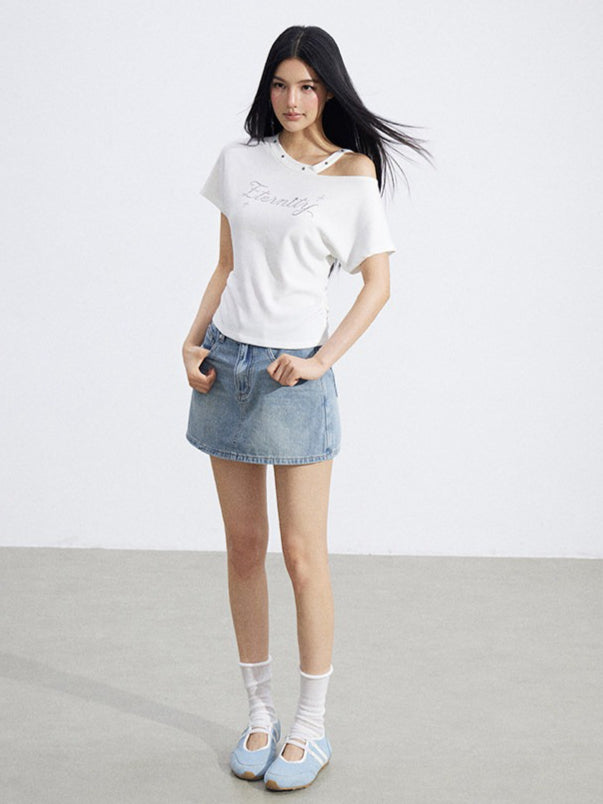 Rhinestone Off-Shoulder Slim-Fit T-Shirt