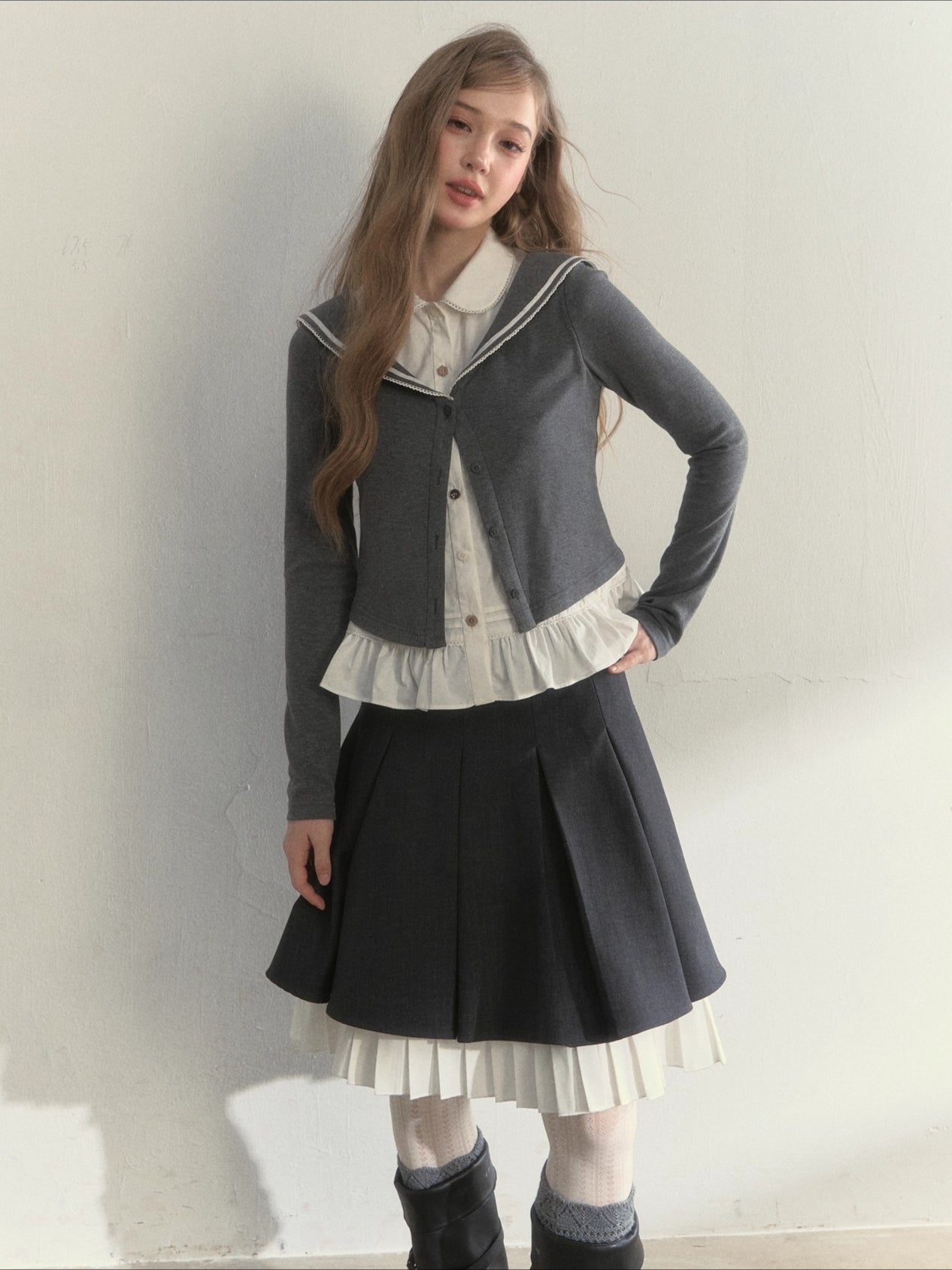 Sailor Collar Academia Style Layered Knit Blouse