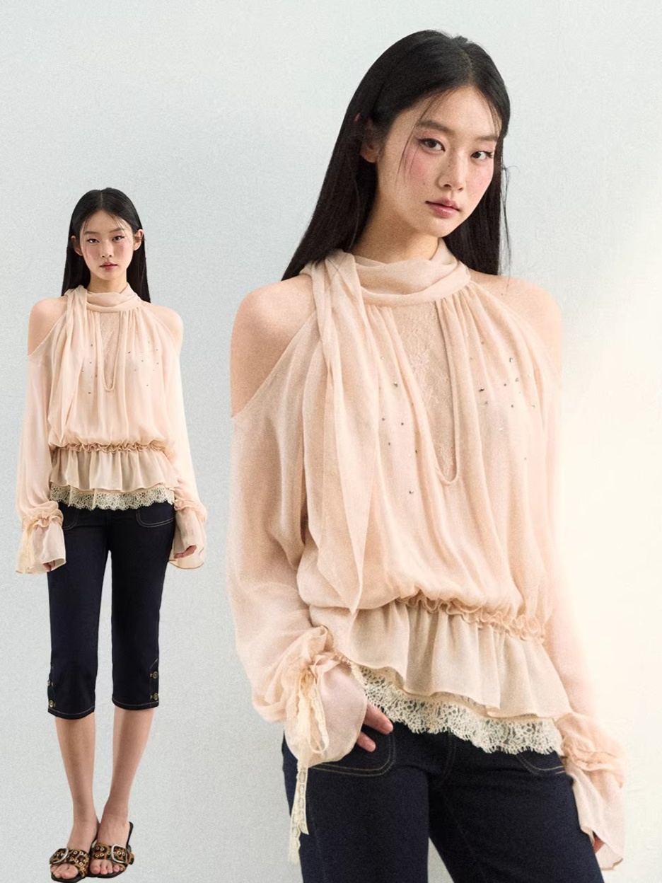 Rhinestone Sheer Chiffon Blouse
