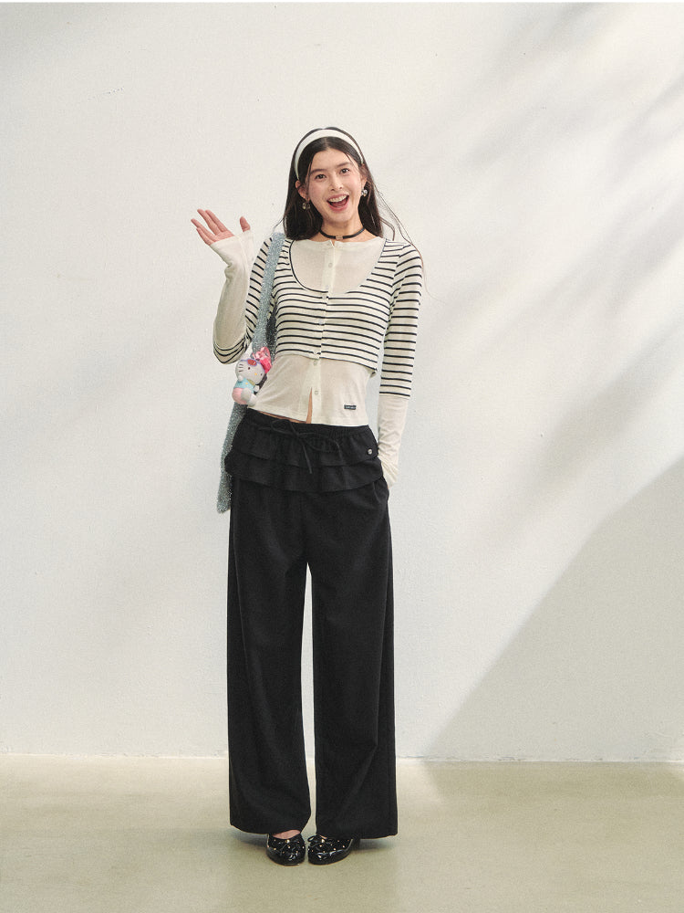 Two-piece Double-layer Ruffle Tie Straight Pants - CHINASQUAD