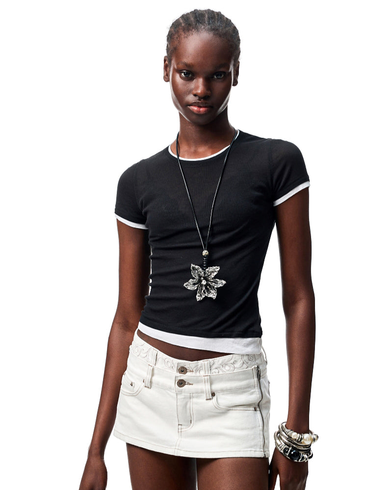 Double Waistband Reversible Denim Mini Skirt