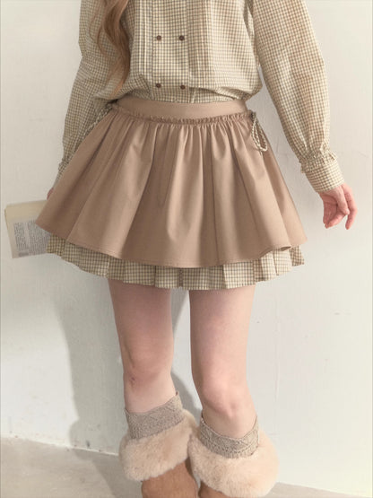 Retro Khaki Double-Layer Pleated Skirt