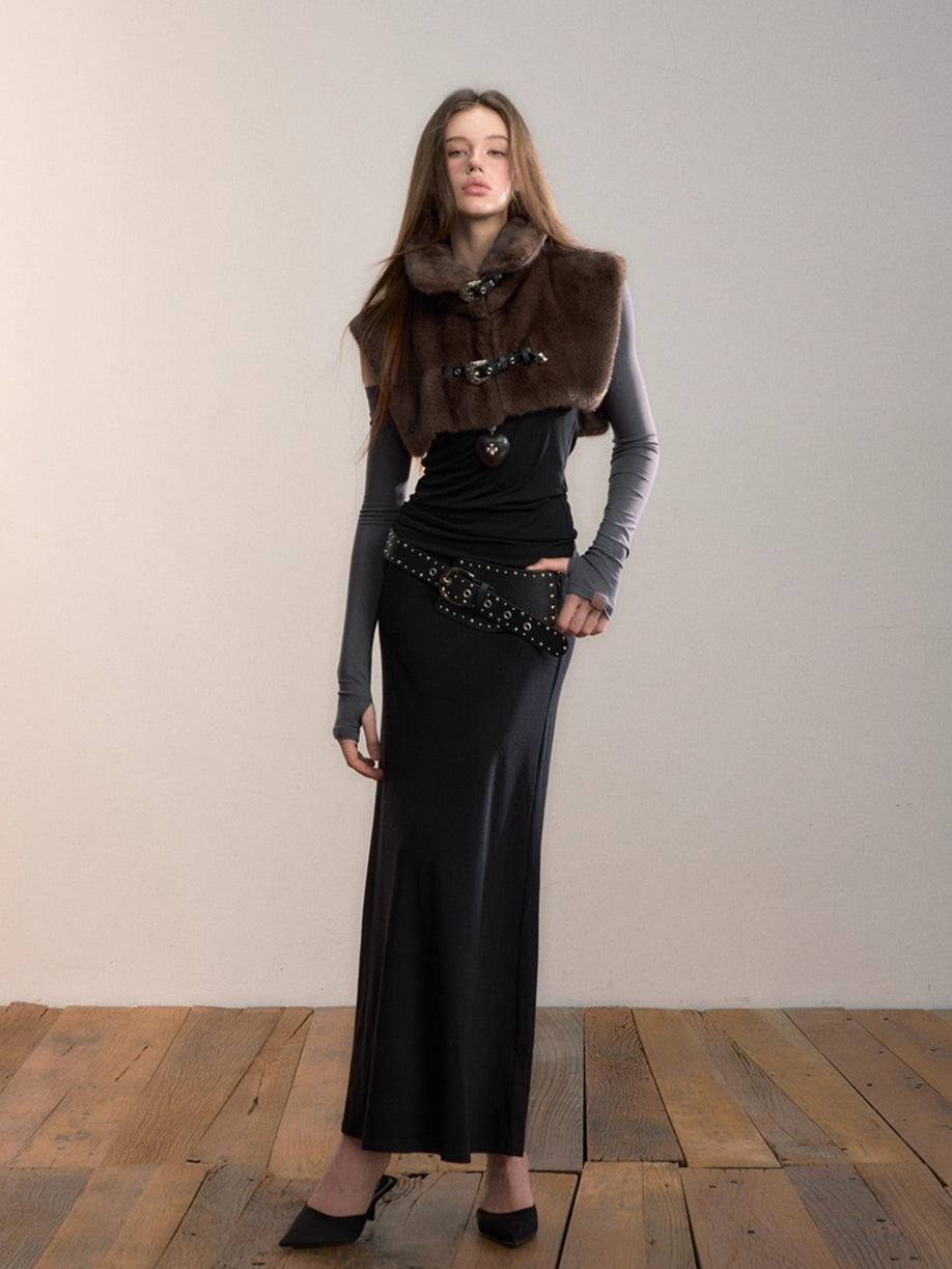 Contrast-Panel Off-Shoulder Layered Maxi Dress