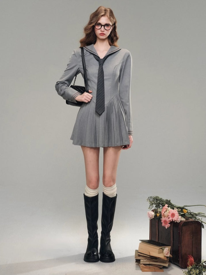 Pleated Long Sleeve Dress