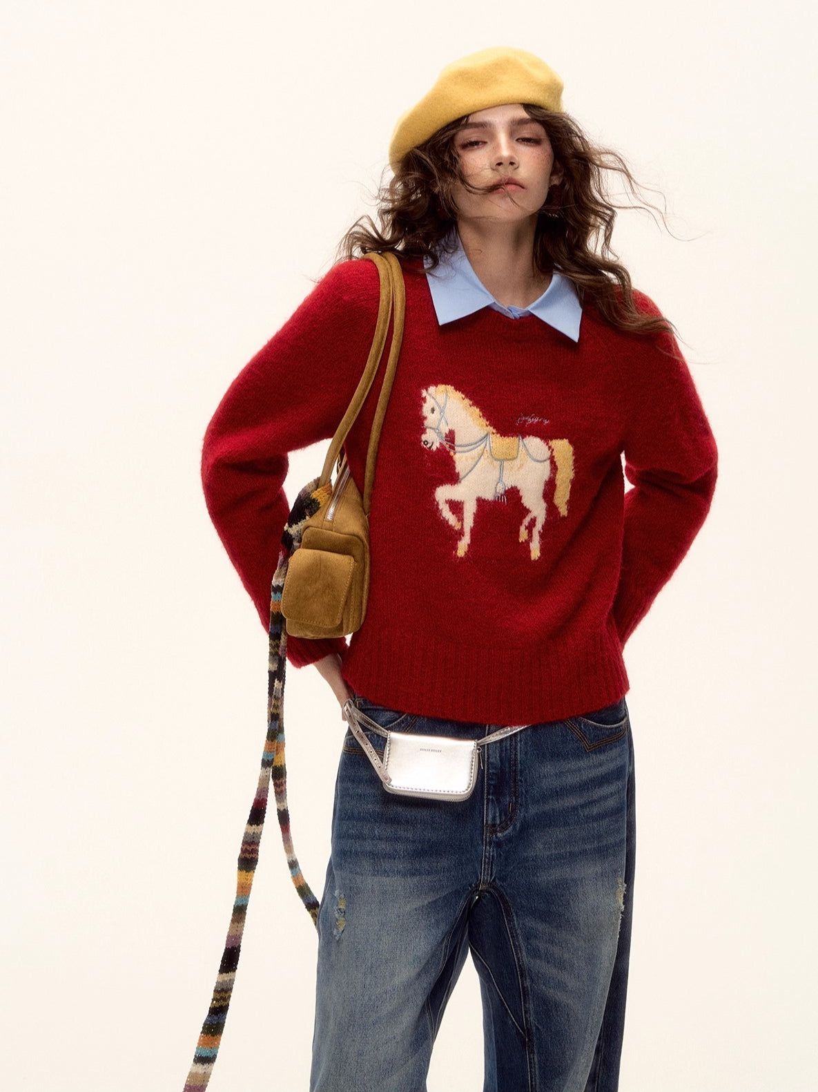 Wool Blend Horse Jacquard Embroidered Sweater
