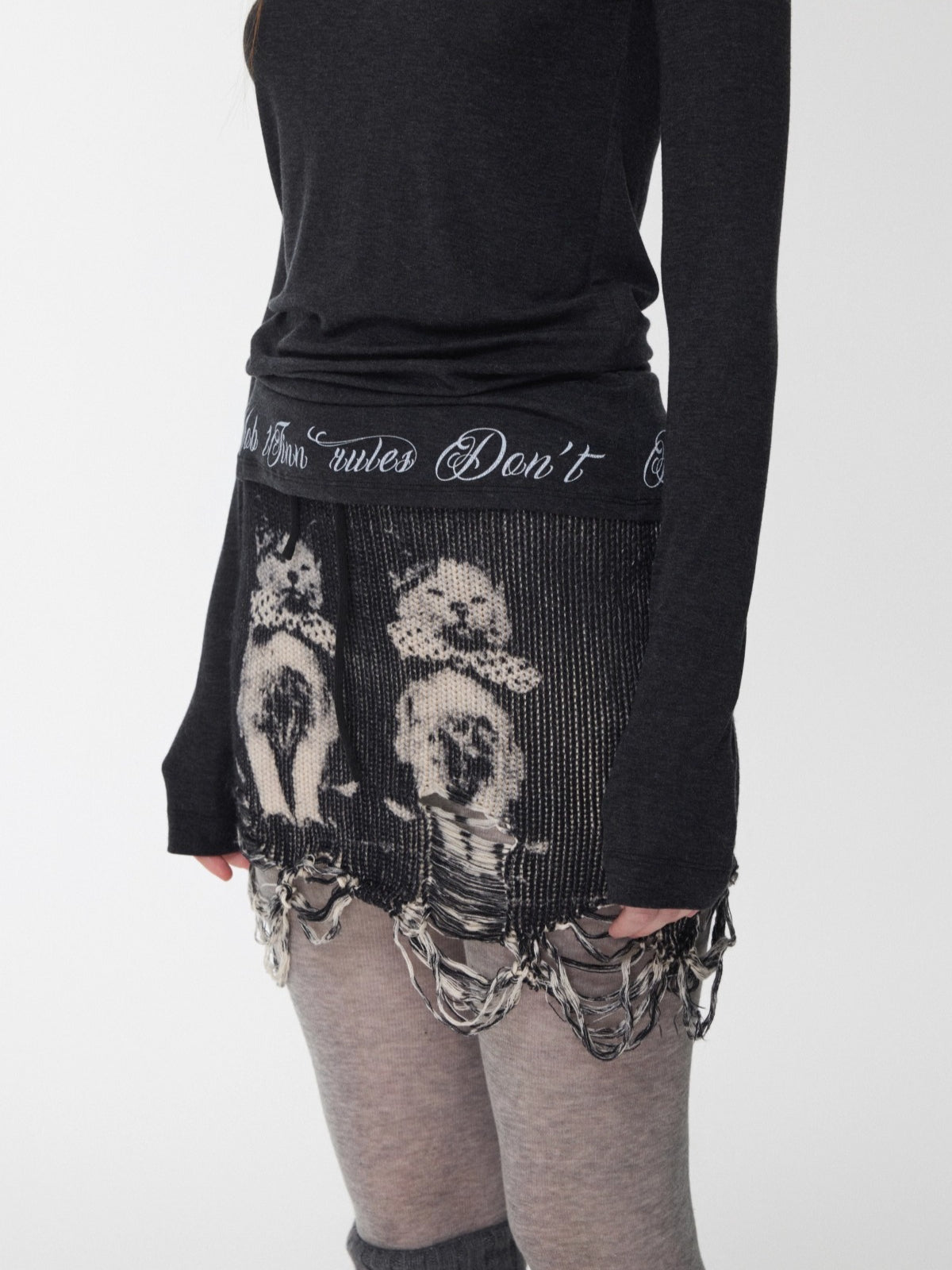 Cat Print Distressed Knit Mini Skirt