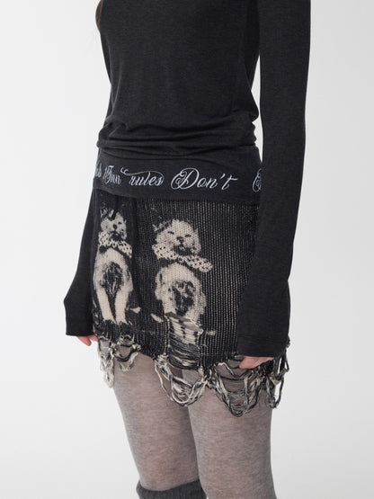 Cat Print Distressed Knit Mini Skirt