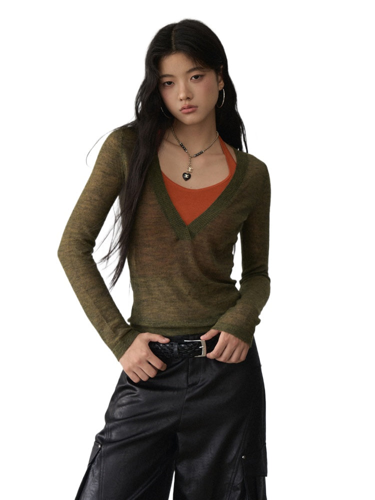 Fake Two-Piece Halter V-Neck Knit Sweater - CHINASQUAD