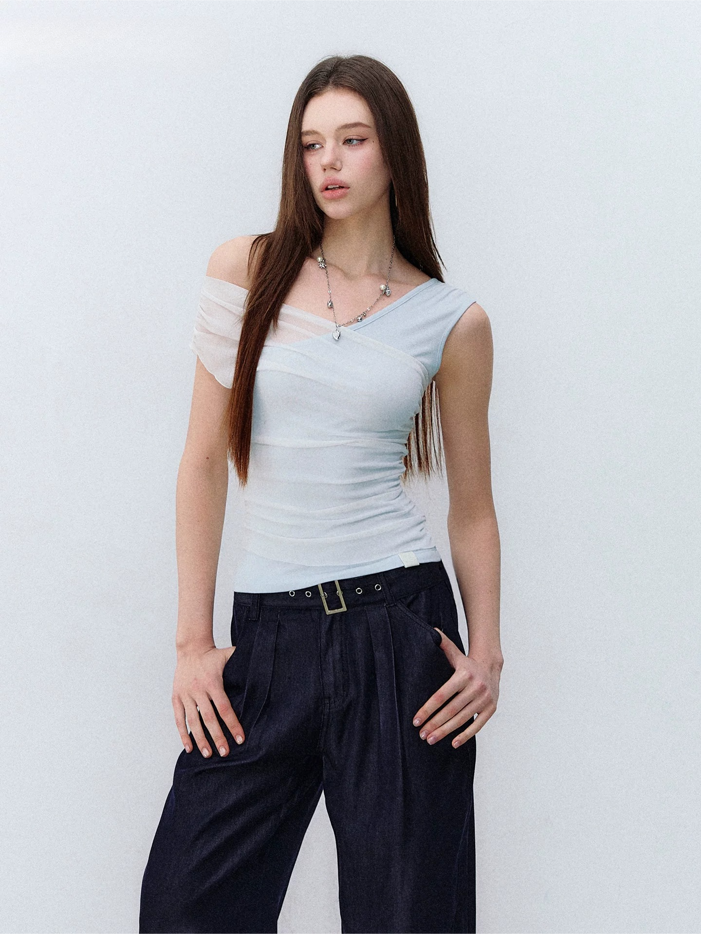 Asymmetric Mesh Panel Layered Slim-Fit Top