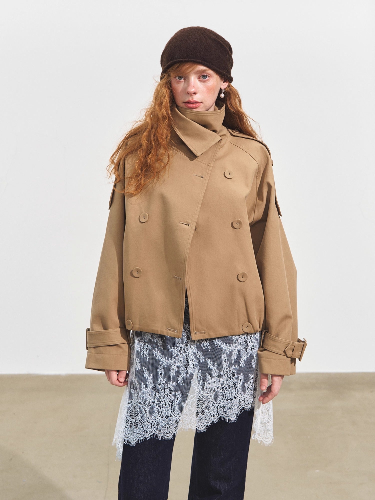 Stand Collar Double-Breasted Cropped Trench Coat