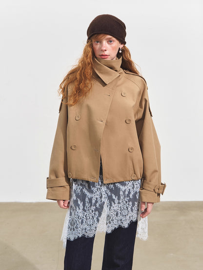 Stand Collar Double-Breasted Cropped Trench Coat