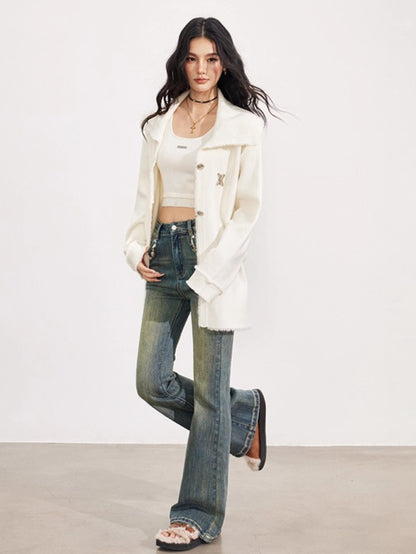 Belted Oversized Collar Knit Coat