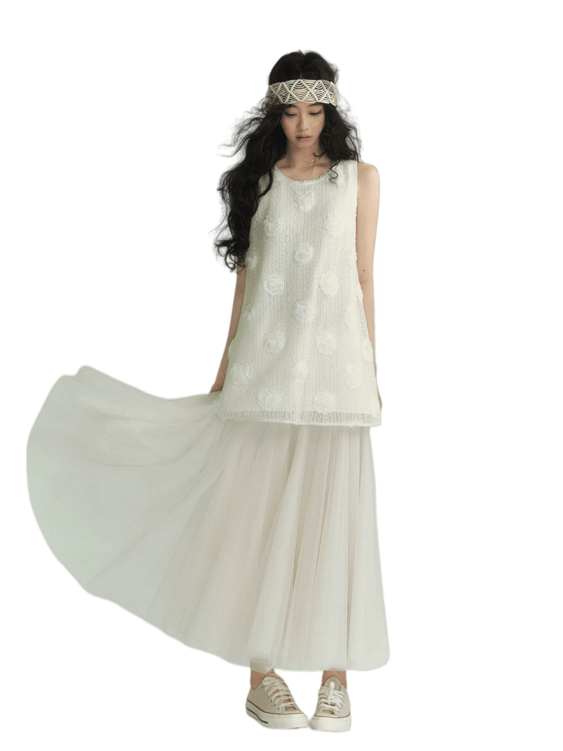 Textured Floral Appliqué Tie-Back Sleeveless Dress