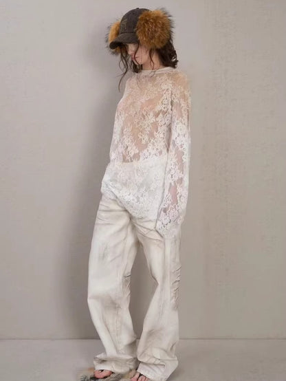 Layered Ribbed Lace-Trim Crewneck T-Shirt