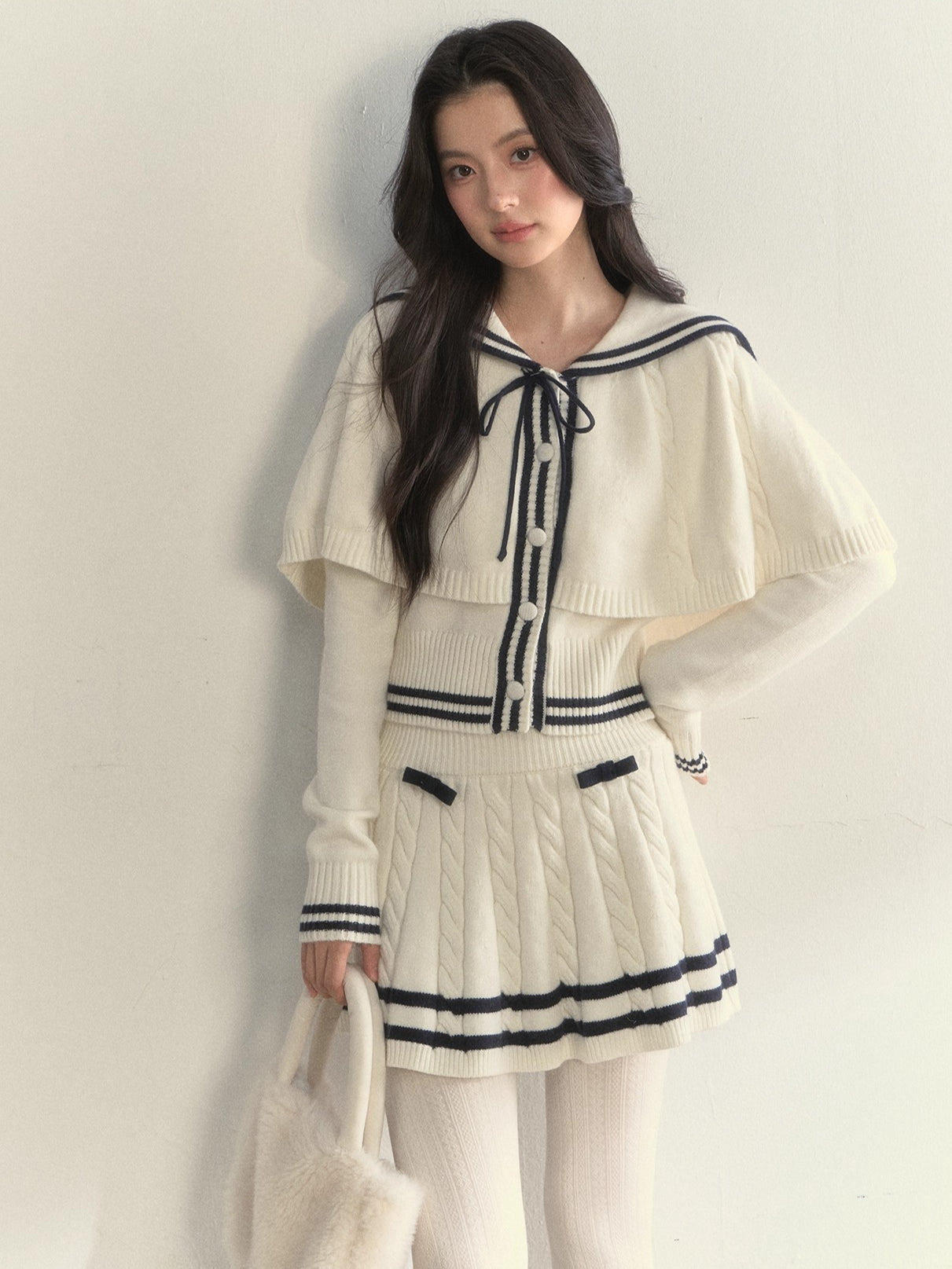 Nautical Cable-Knit Vintage Cape &amp; Skirt Set