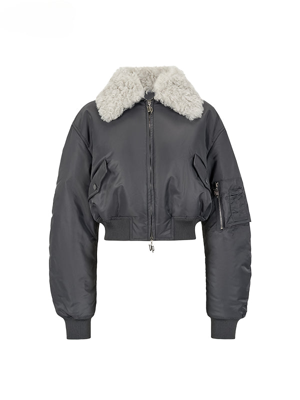 Design Short Aviator Cotton Jacket with Furry Collar