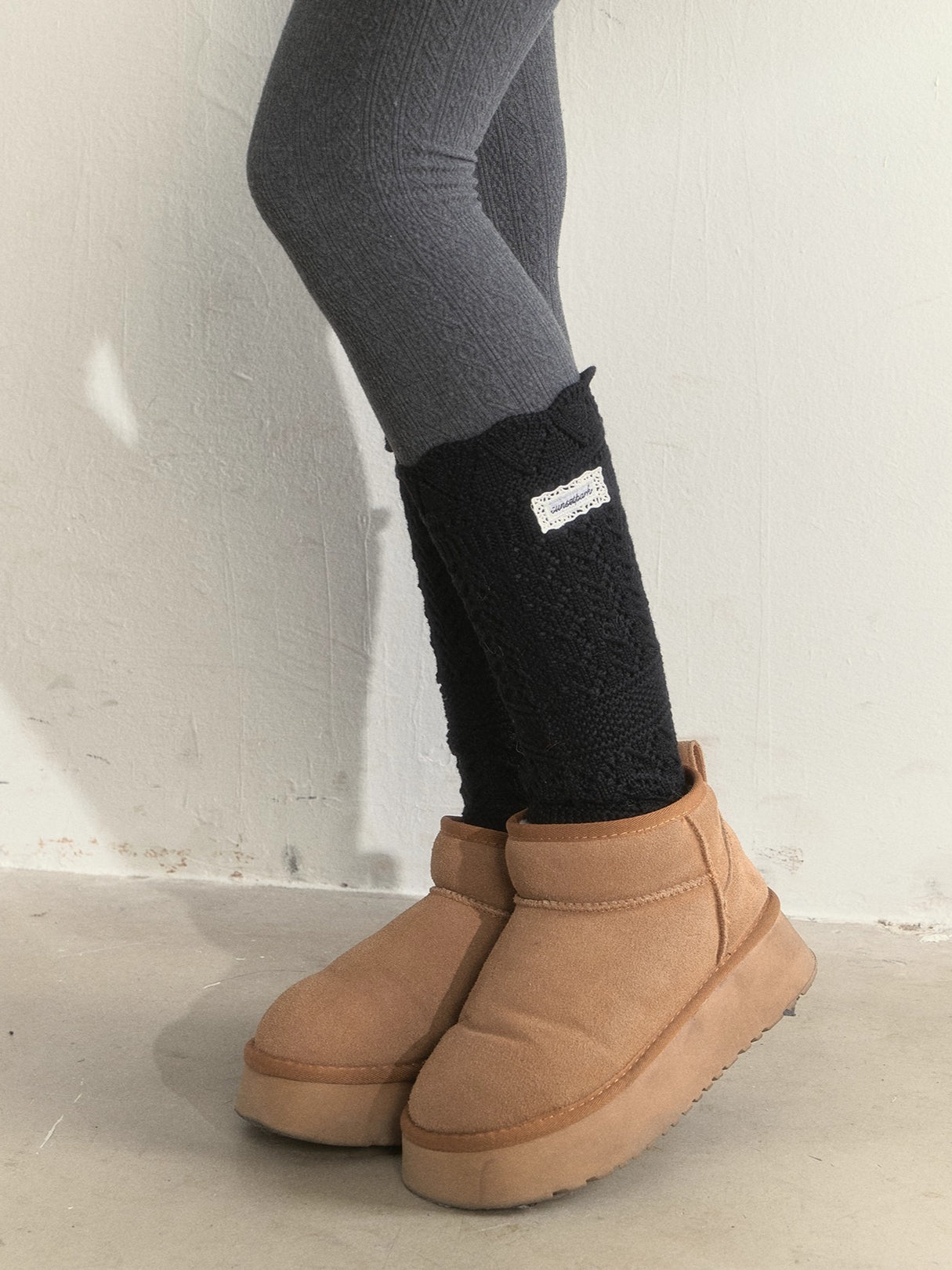 Wool-Blend Crochet Layered Knit Mid-Calf Socks