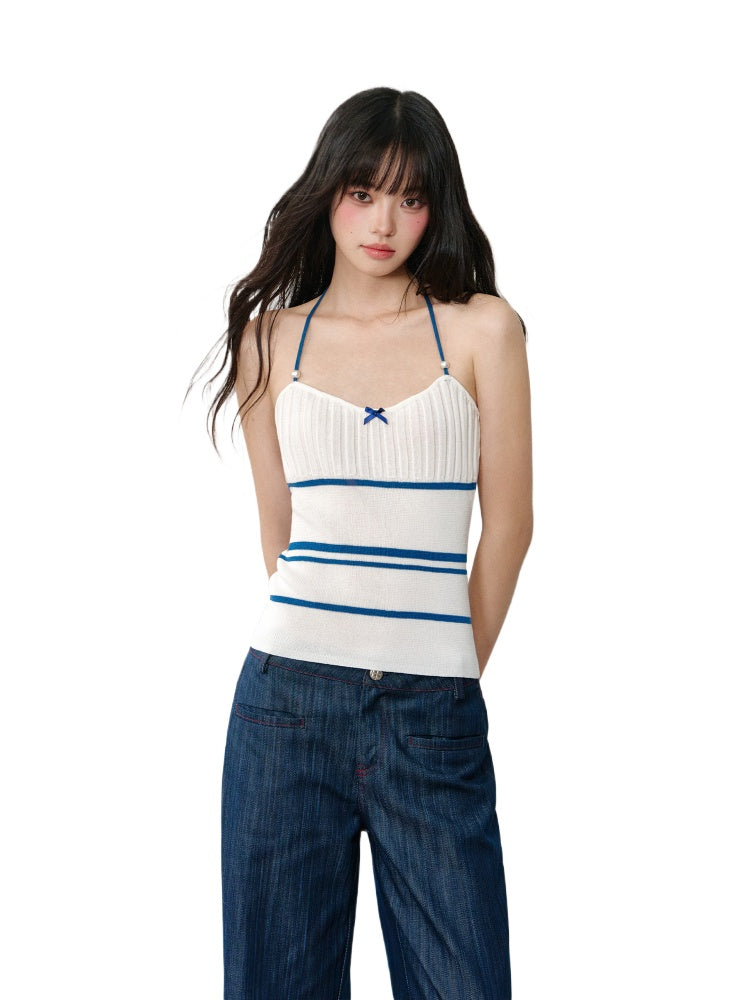 Halter Color-block Bow Camisole Tank Top