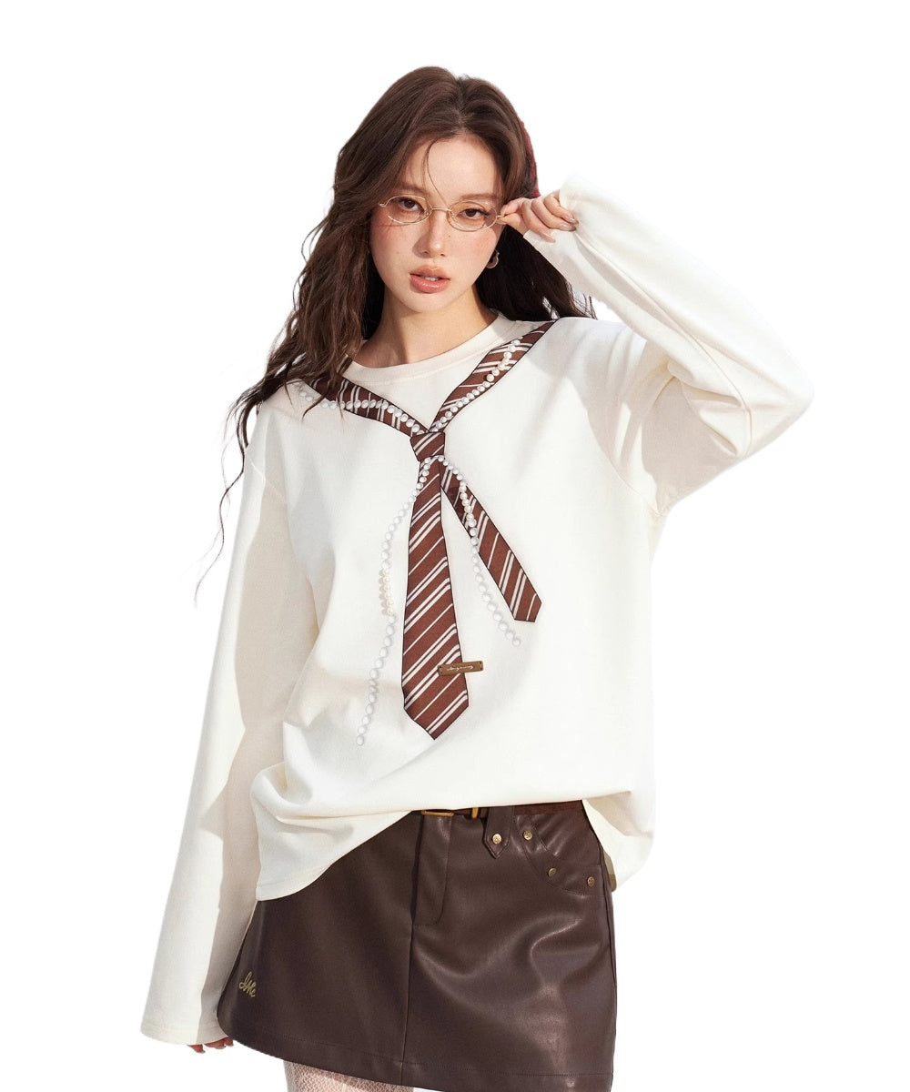 Pearl-Tie Printed Relaxed Long Sleeve T-Shirts