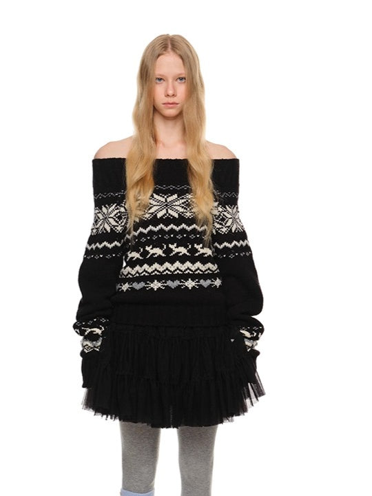 Vintage Jacquard Off-Shoulder Fair Isle Sweater