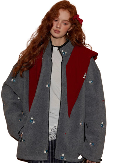 Floral Embroidered Plaid Fleece Oversized Jacket