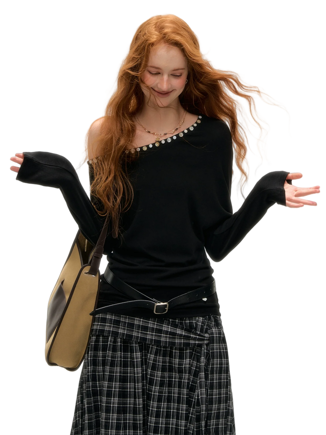 Off-Shoulder Pearl-Button Long-Sleeve T-Shirt