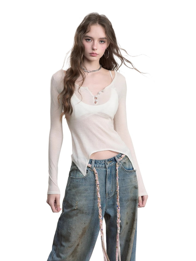 Irregular Knit Waist-Cinched Long-Sleeve Tee