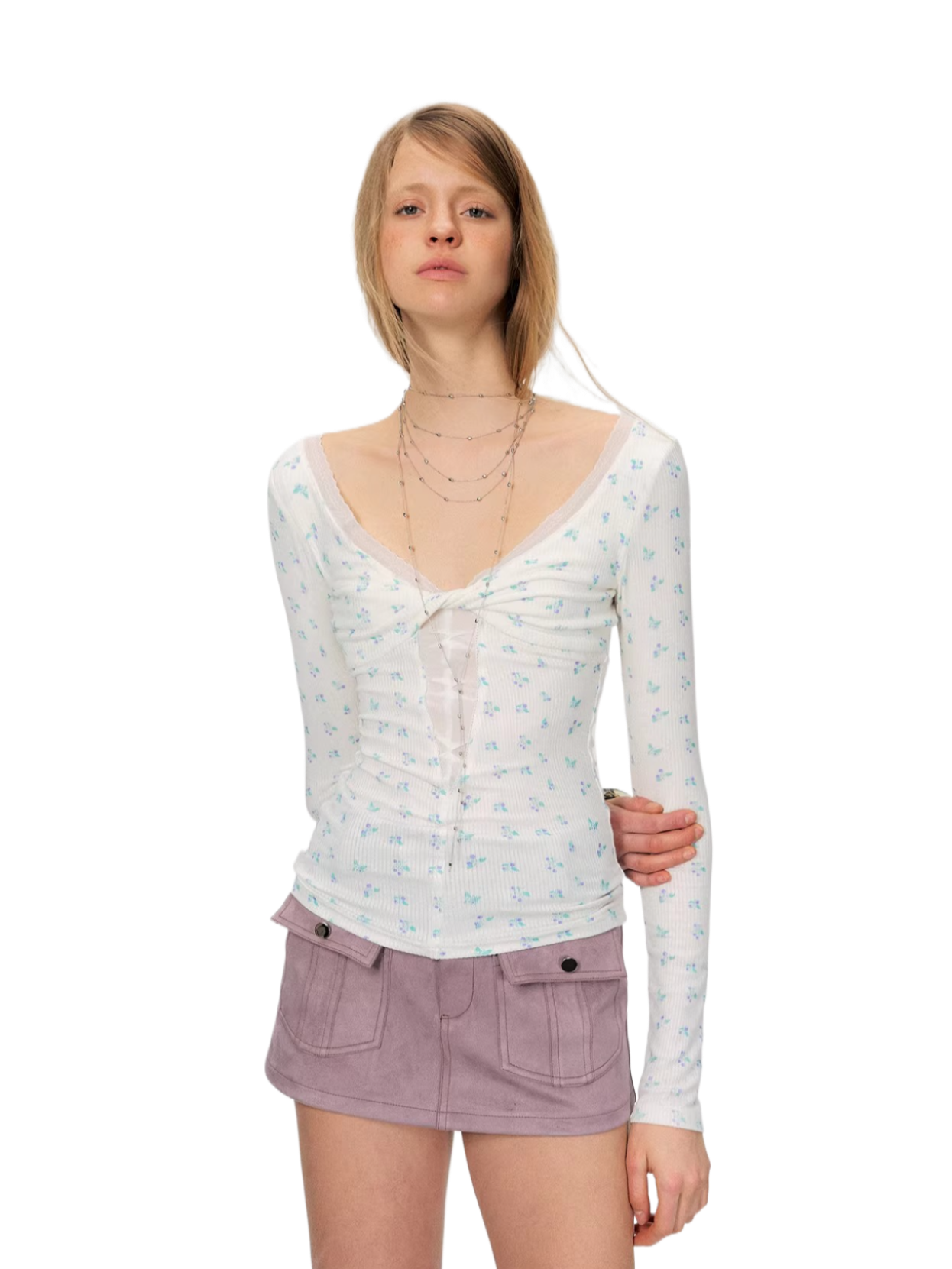 Twist-Front Mesh Panel Slim Fit Long Sleeve Top