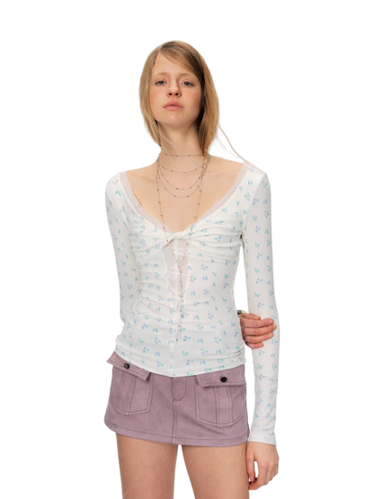 Twist-Front Mesh Panel Slim Fit Long Sleeve Top