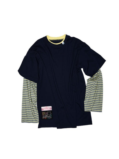 Fake Two-Piece Contrast Color Loose Striped T-Shirt - CHINASQUAD