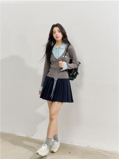 Brown &amp; Navy College Pleated Skirt - CHINASQUAD