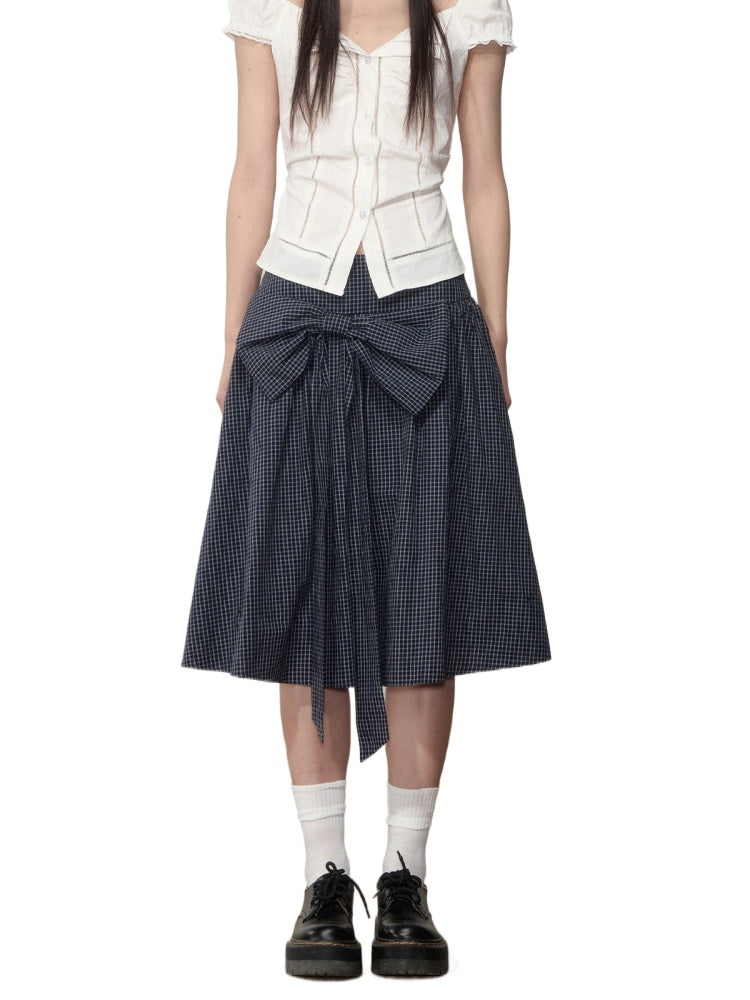 Checkered Bow A-line Midi Skirt