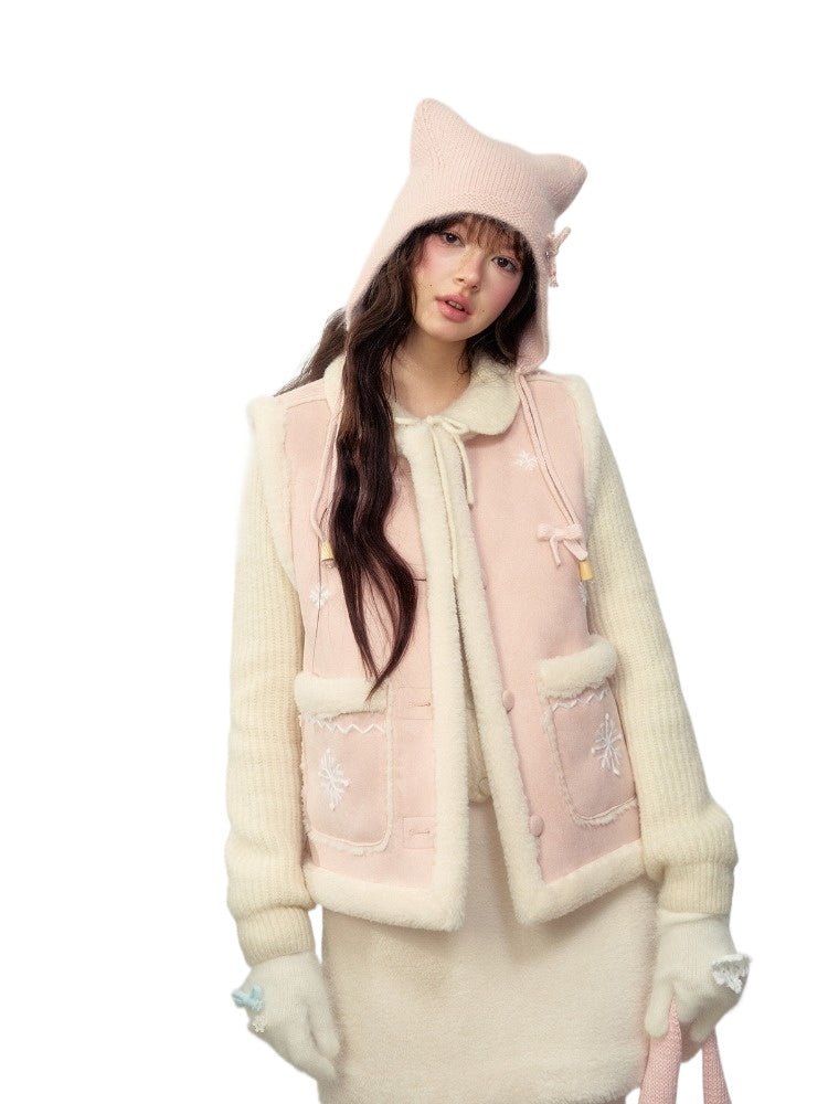 Pink Snowflake Embroidered Faux Shearling Vest