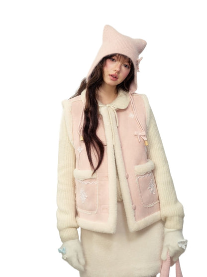 Pink Snowflake Embroidered Faux Shearling Vest